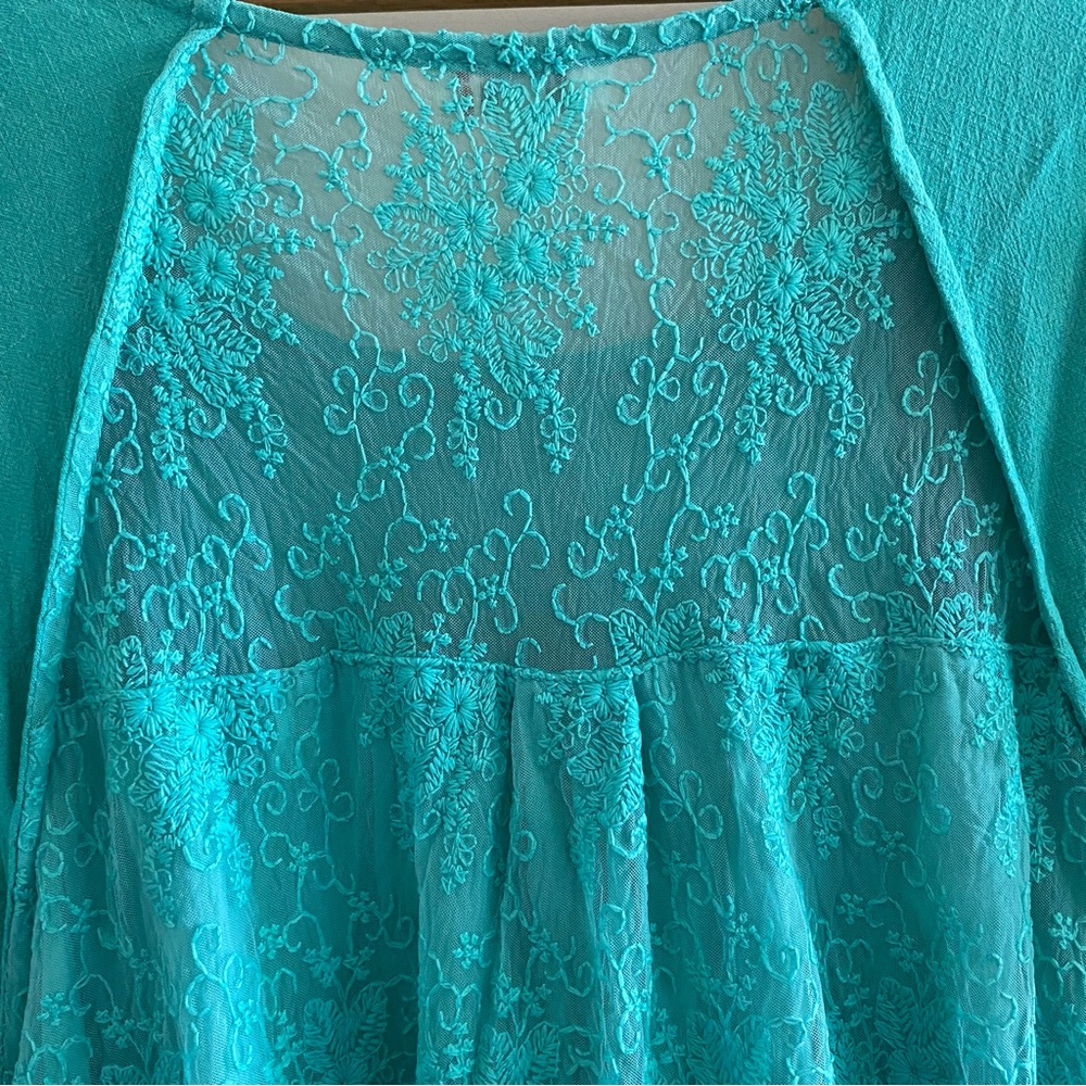 Umgee Turquoise Linen blend Dress with lace back, pockets & fringe hem. Sz 1XL. - Picture 4 of 11